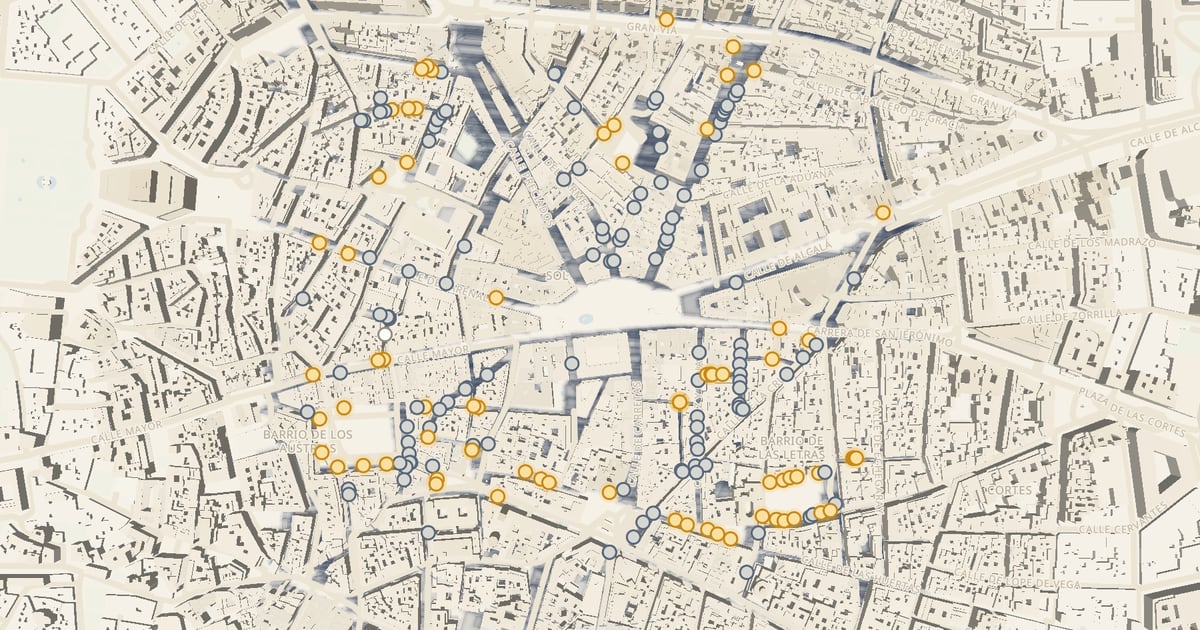 Mapa de terrazas con sol y en sombra en Madrid